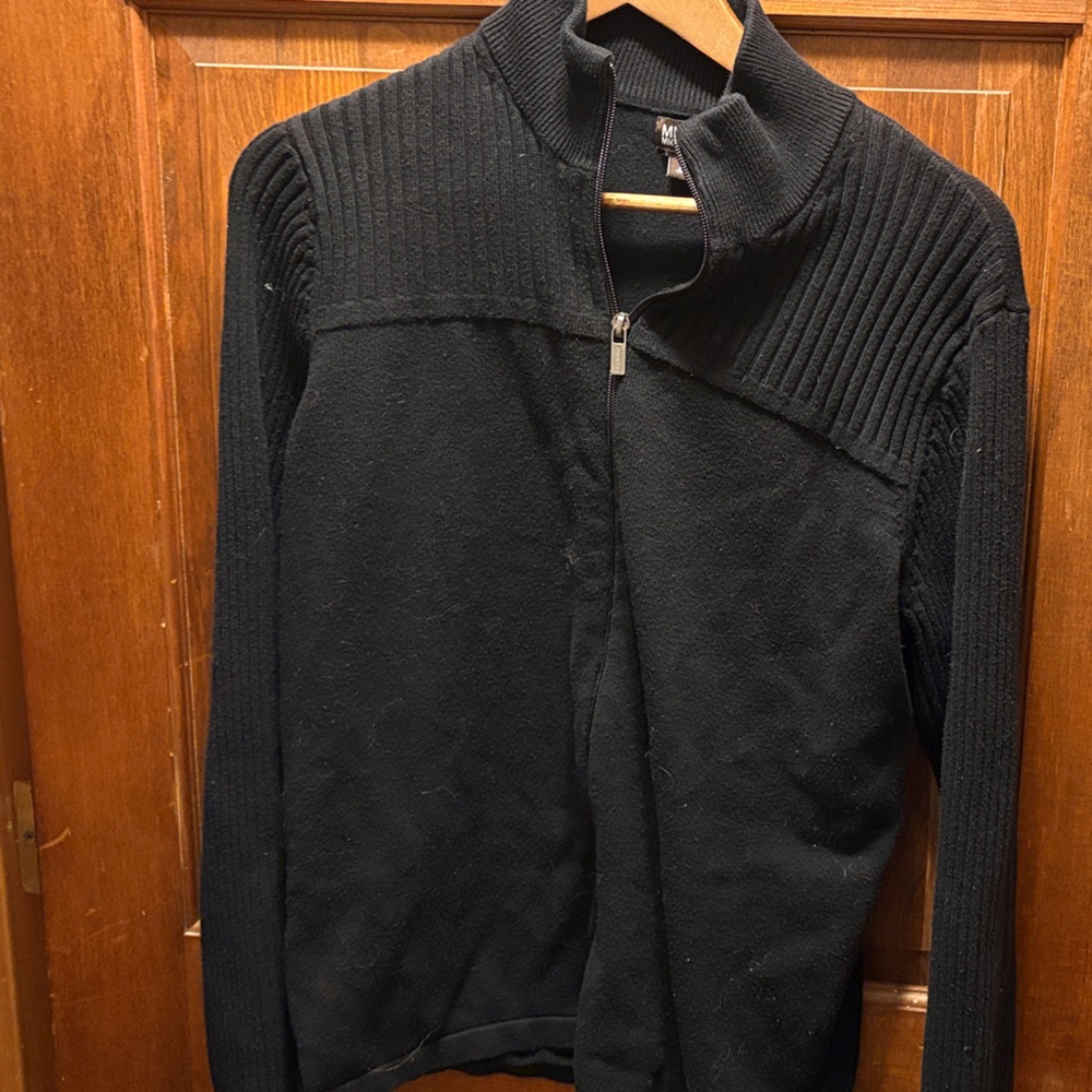 Michael Kors Black Ribbed Zip-Front Men's Sweater